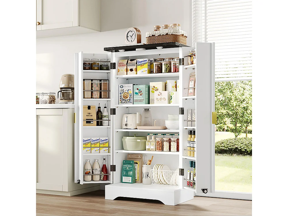 Vaisselier cuisine LED capteur étagère épices spacieuse double porte étagères réglables design moderne blanc