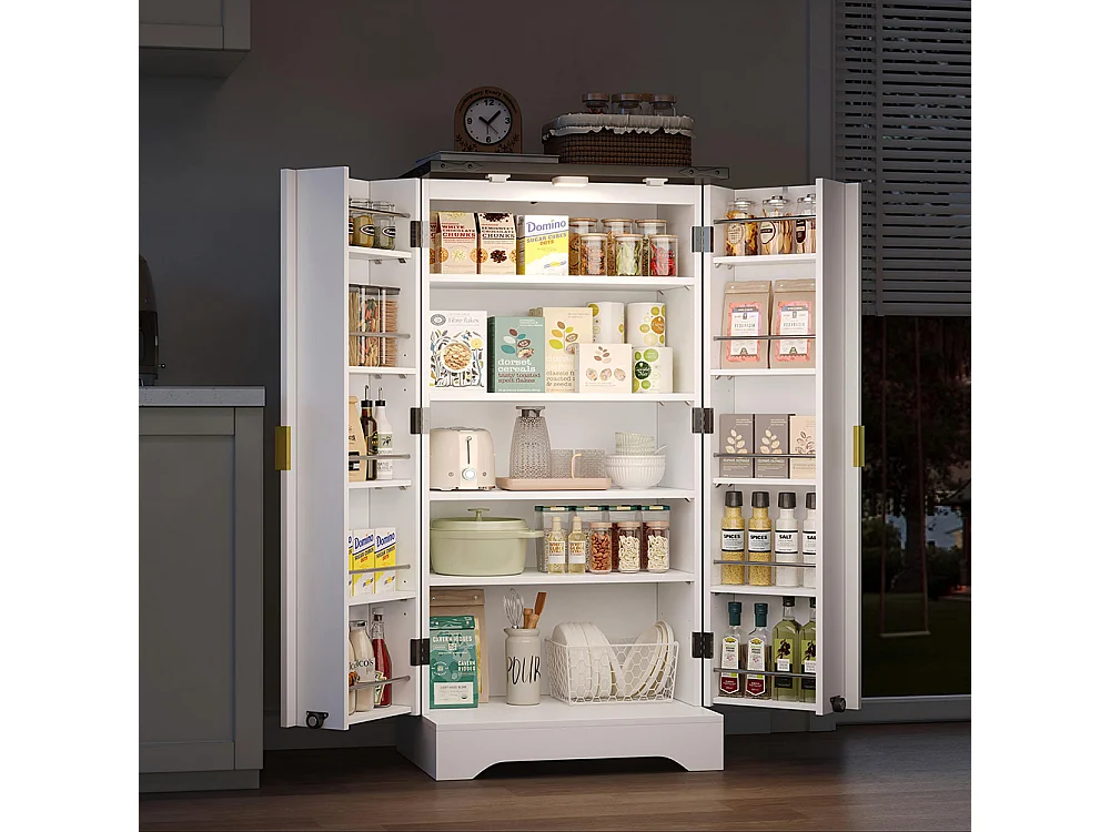 Vaisselier cuisine LED capteur étagère épices spacieuse double porte étagères réglables design moderne blanc