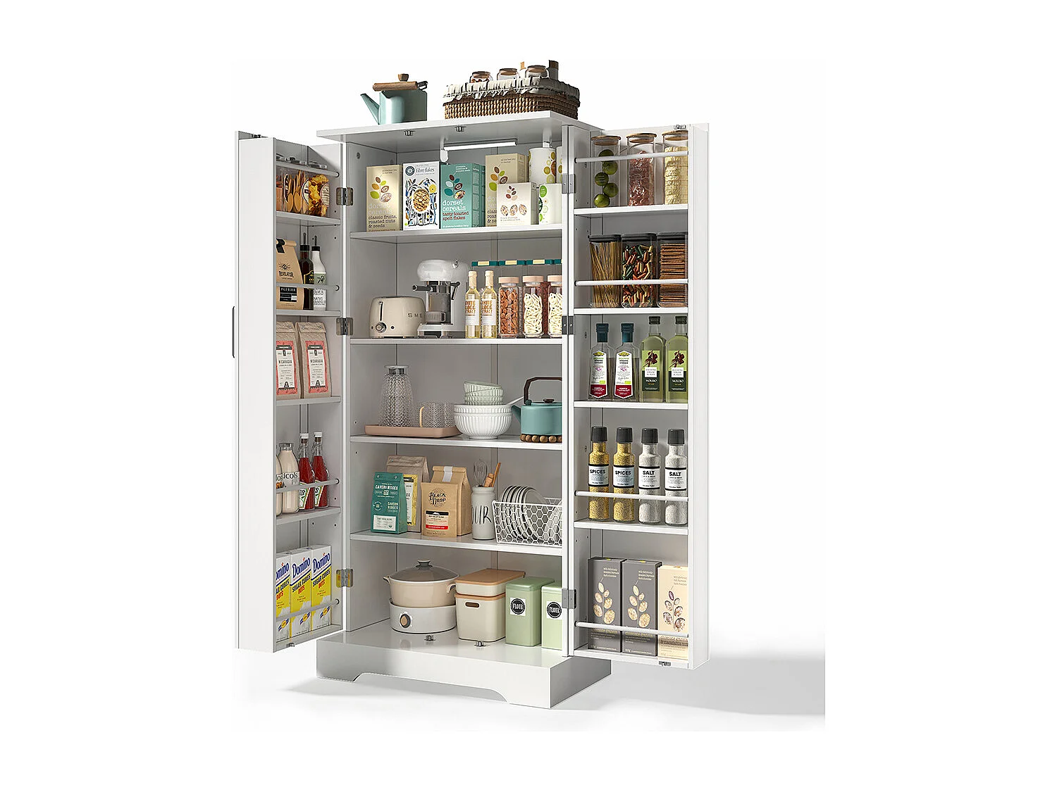 Vaisselier cuisine blanc multifonction LED capteur étagères réglables double porte rangement anti-basculement cuisine salon salle à manger