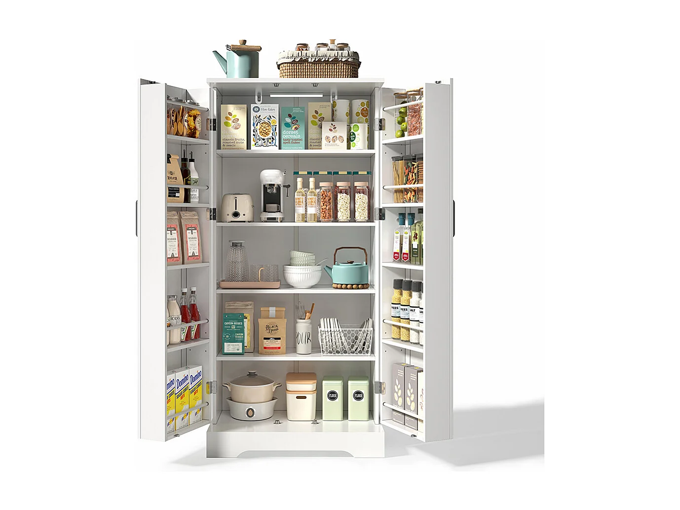 Vaisselier cuisine blanc multifonction LED capteur étagères réglables double porte rangement anti-basculement cuisine salon salle à manger