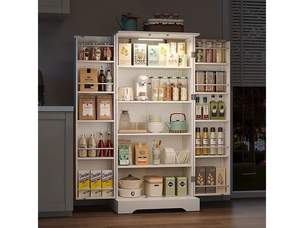 Vaisselier cuisine blanc multifonction LED capteur étagères réglables double porte rangement anti-basculement cuisine salon salle à manger