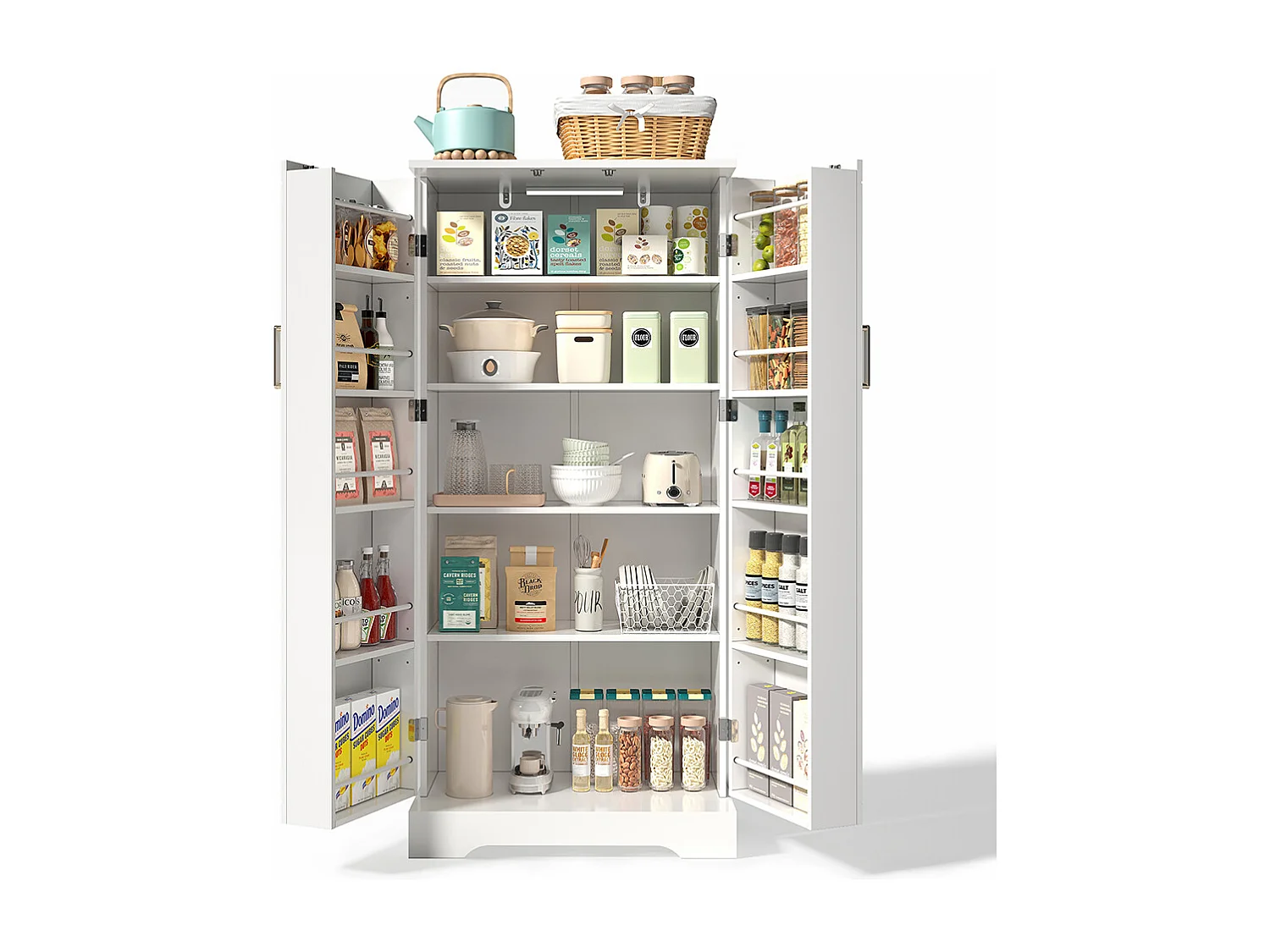 Vaisselier cuisine blanc multifonction LED capteur étagères réglables double porte compartiment anti-basculement salon cuisine salle à manger