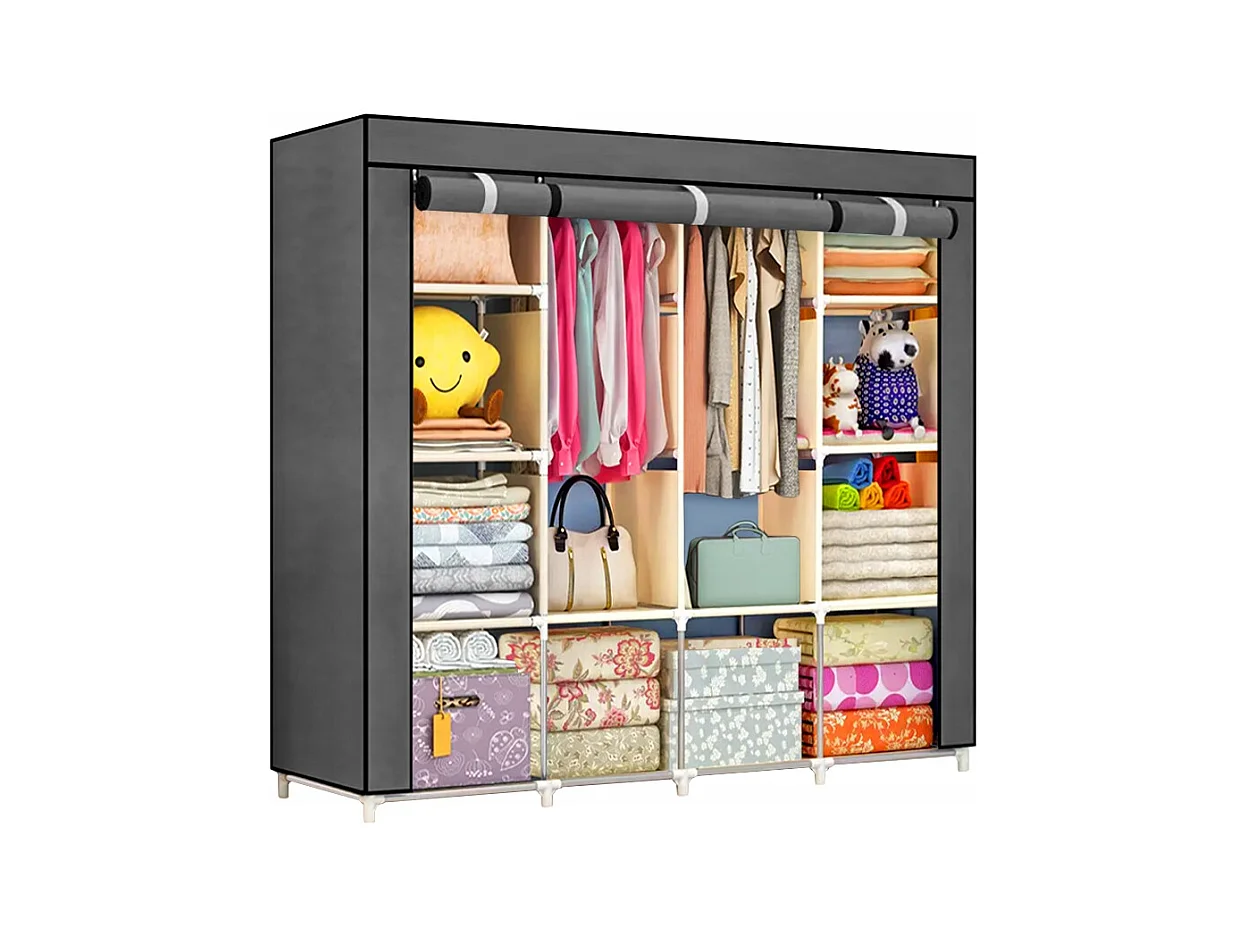 Armoire à Vêtements Pliable en Tissu Garde-Robe XXL Gris - Cadre Métallique, Facile à Monter, 14 Étagères
