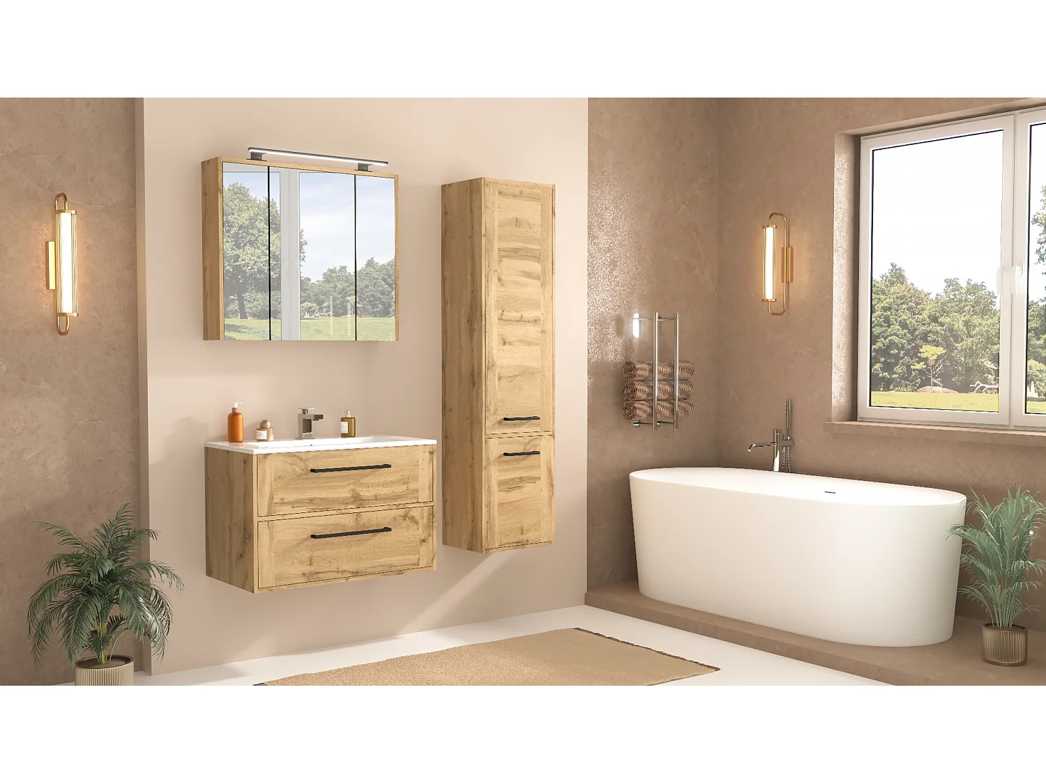 Armoire de salle de bain avec miroir 80 cm, 3 portes, chêne Wotan Vivien