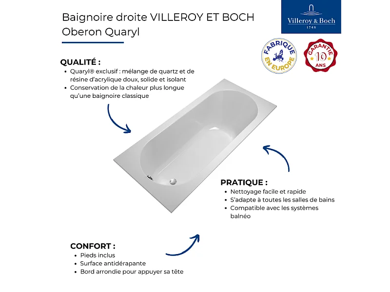 Baignoire droite VILLEROY ET BOCH Oberon quaryl 170 x 70 cm  + Pare bain droite AURYS Mist 1 chromé