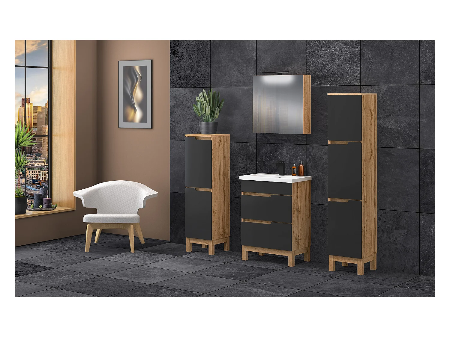 Badezimmerschrank Stehendes Semi-Shelf 2 Tür Eiche Wotan / Schwarz Matt Alma