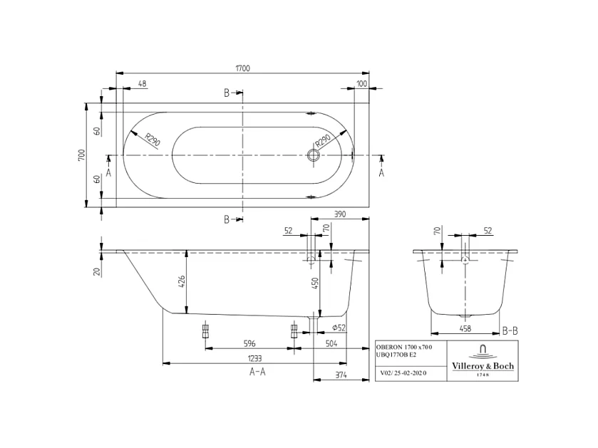 Baignoire droite VILLEROY ET BOCH Oberon quaryl 170 x 70 cm  + Pare bain gauche AURYS Raywall chromé