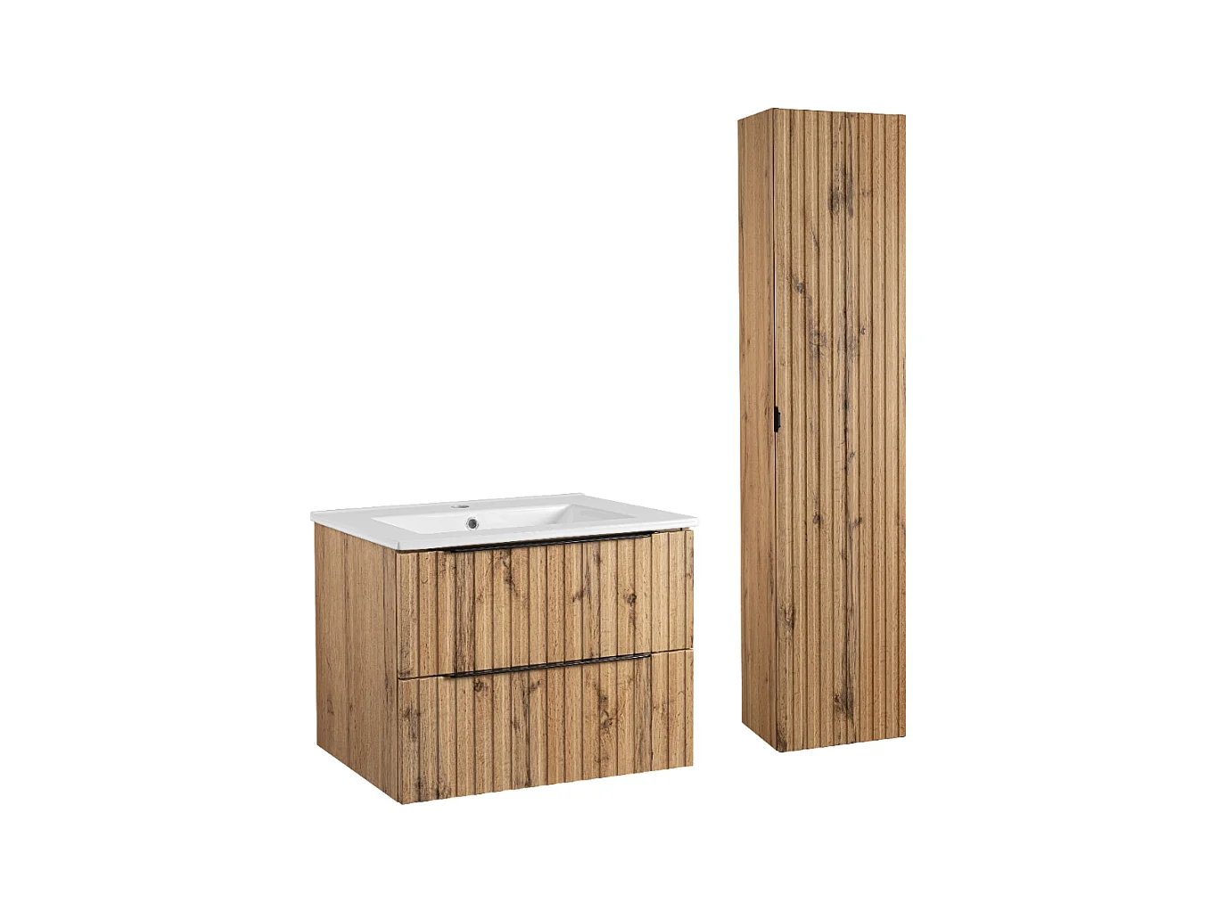 Ensemble de salle de bain 60 cm Façades rainurées Meuble avec lavabo Colonne Chêne Wotan Amy