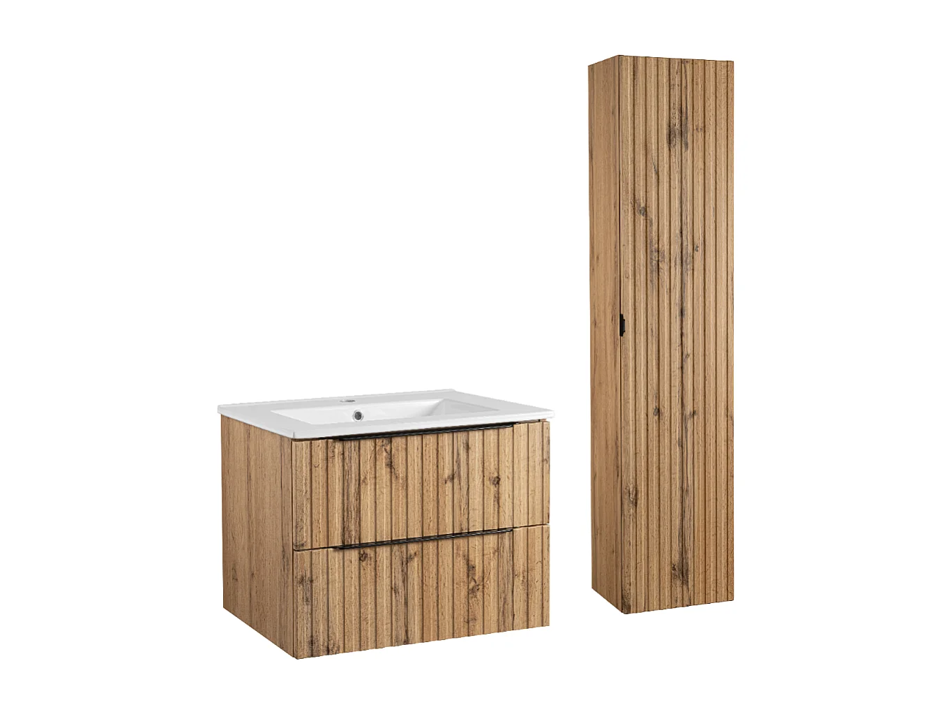 Ensemble de salle de bain 60 cm Façades rainurées Meuble avec lavabo Colonne Chêne Wotan Amy