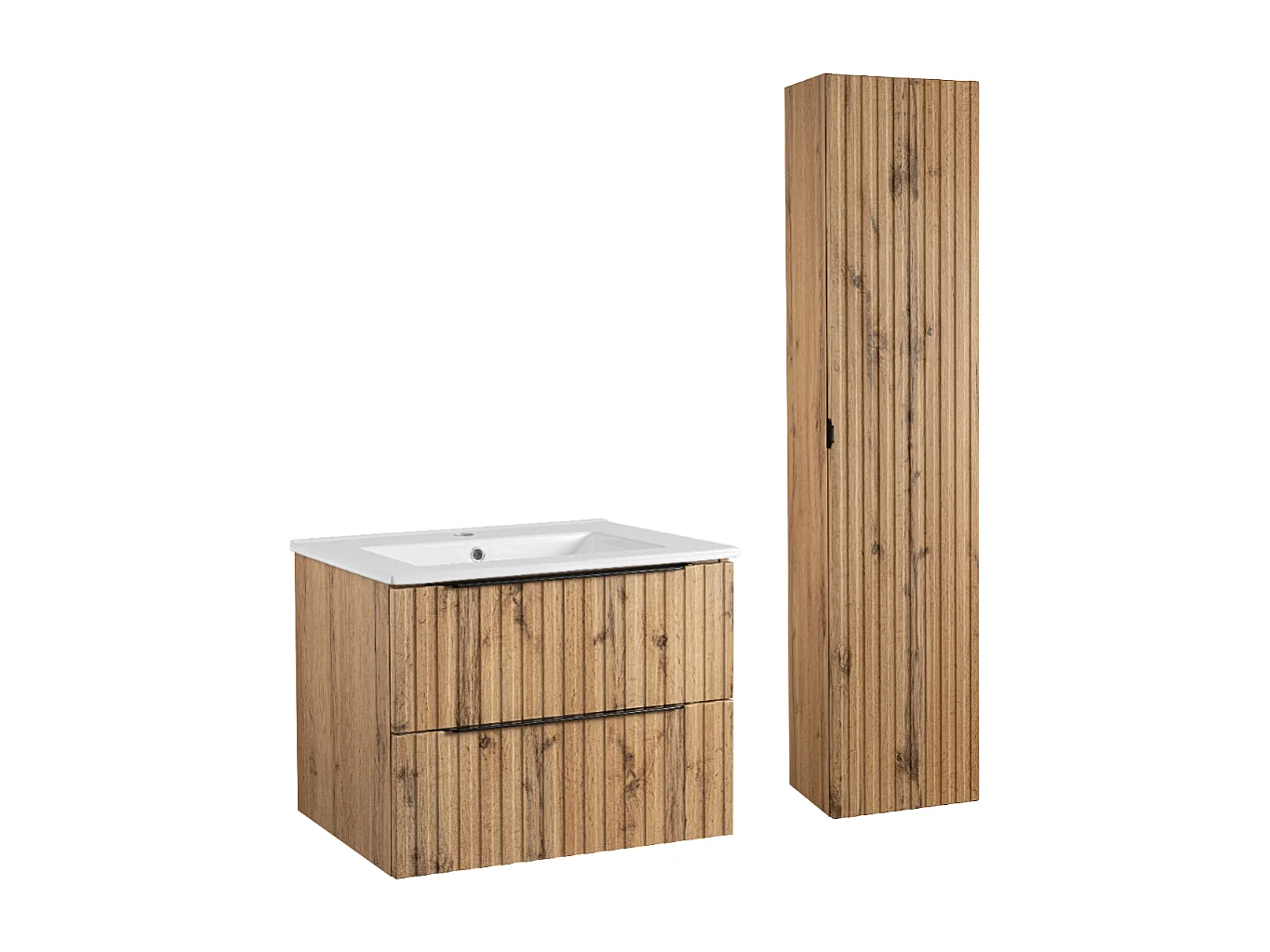 Ensemble de salle de bain 60 cm Façades rainurées Meuble avec lavabo Colonne Chêne Wotan Amy