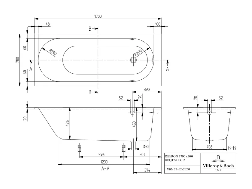 Baignoire droite VILLEROY ET BOCH Oberon quaryl 170 x 70 cm  + Pare bain gauche AURYS Mist 1 chromé