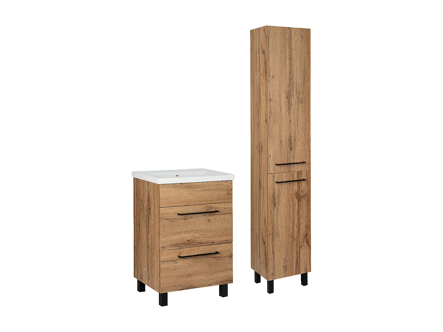 Badezimmerset 50cm Eiche Wotan Schrank mit Waschbecken Hochschrank Sol