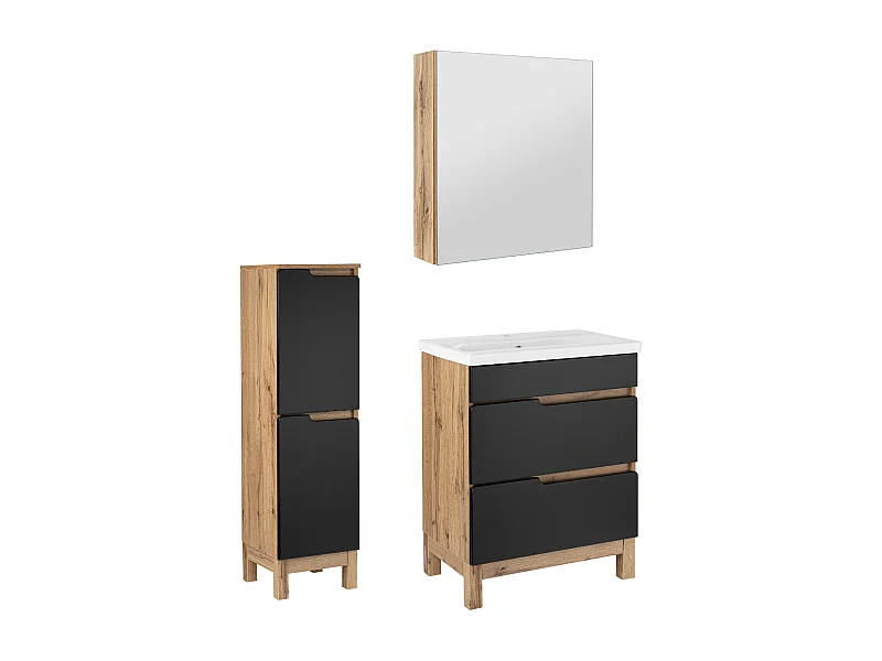 Zestaw Łazienkowy 60cm 2S Alma Półsłupek Szafka z Lustrem Dąb Wotan / Czarny Mat