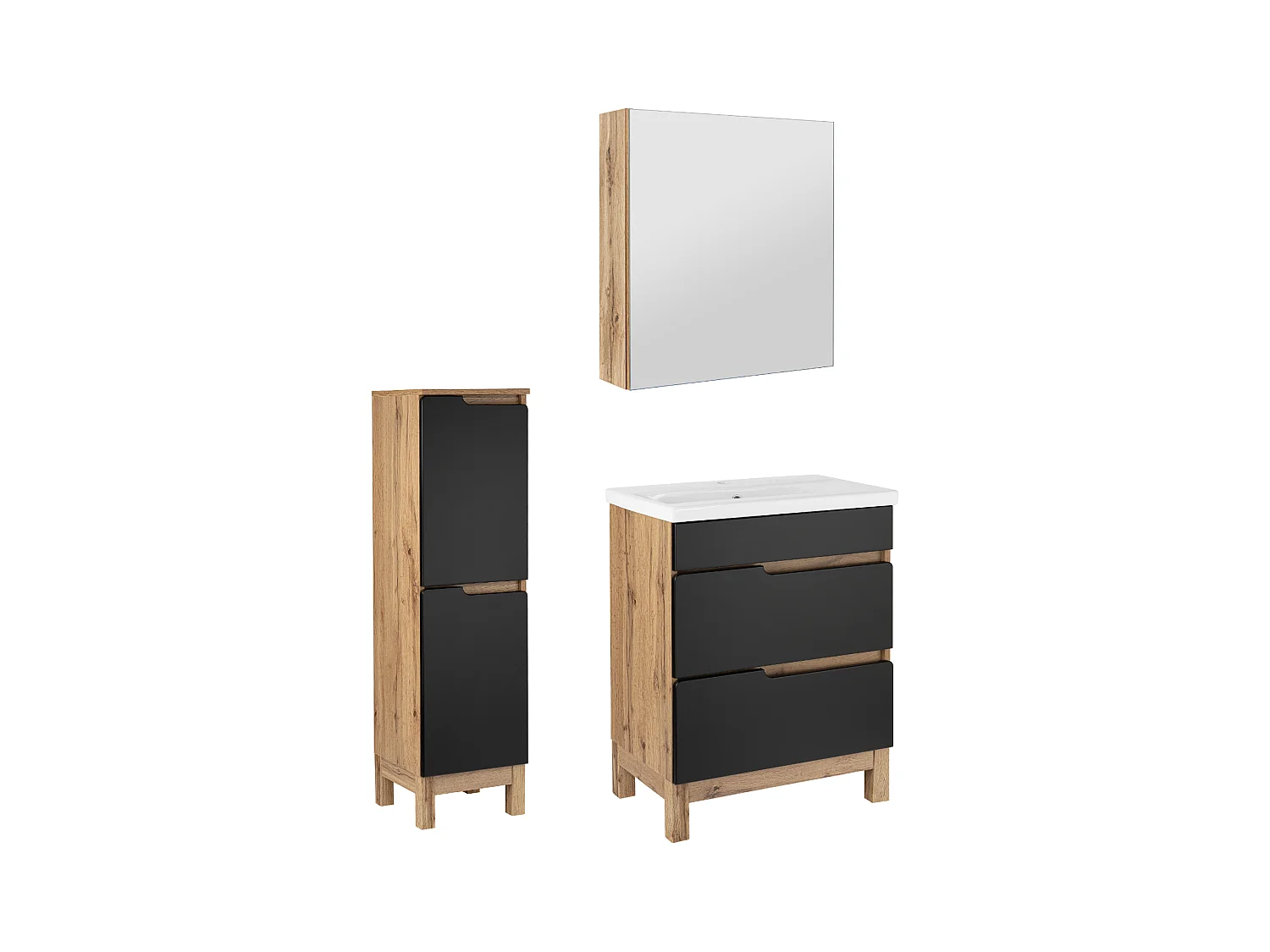 Badkamerset 60 cm Alma Halve kolom Kast met spiegel Eiken Wotan / Mat zwart