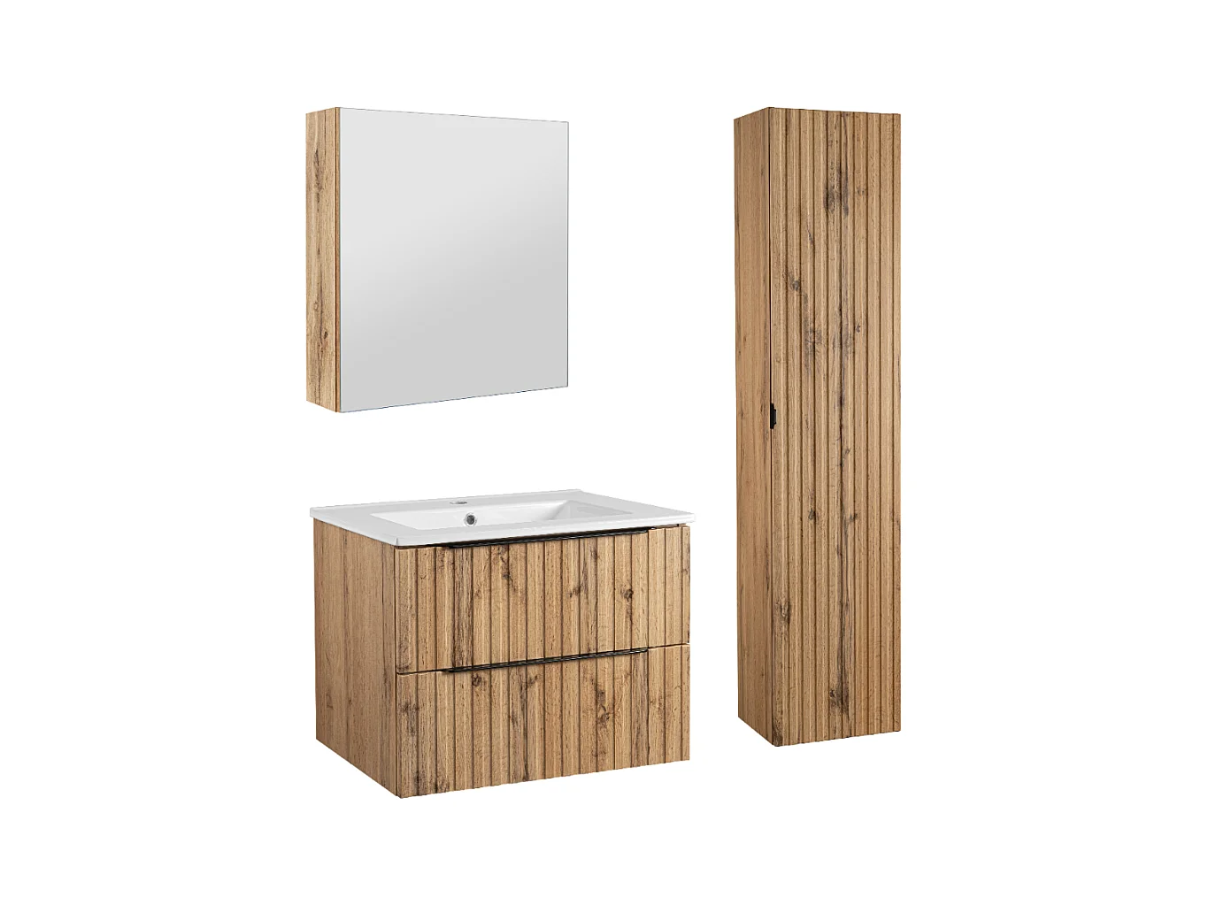 Ensemble de salle de bain 60 cm Façades rainurées Meuble avec lavabo Colonne Meuble avec miroir Chêne Wotan Amy