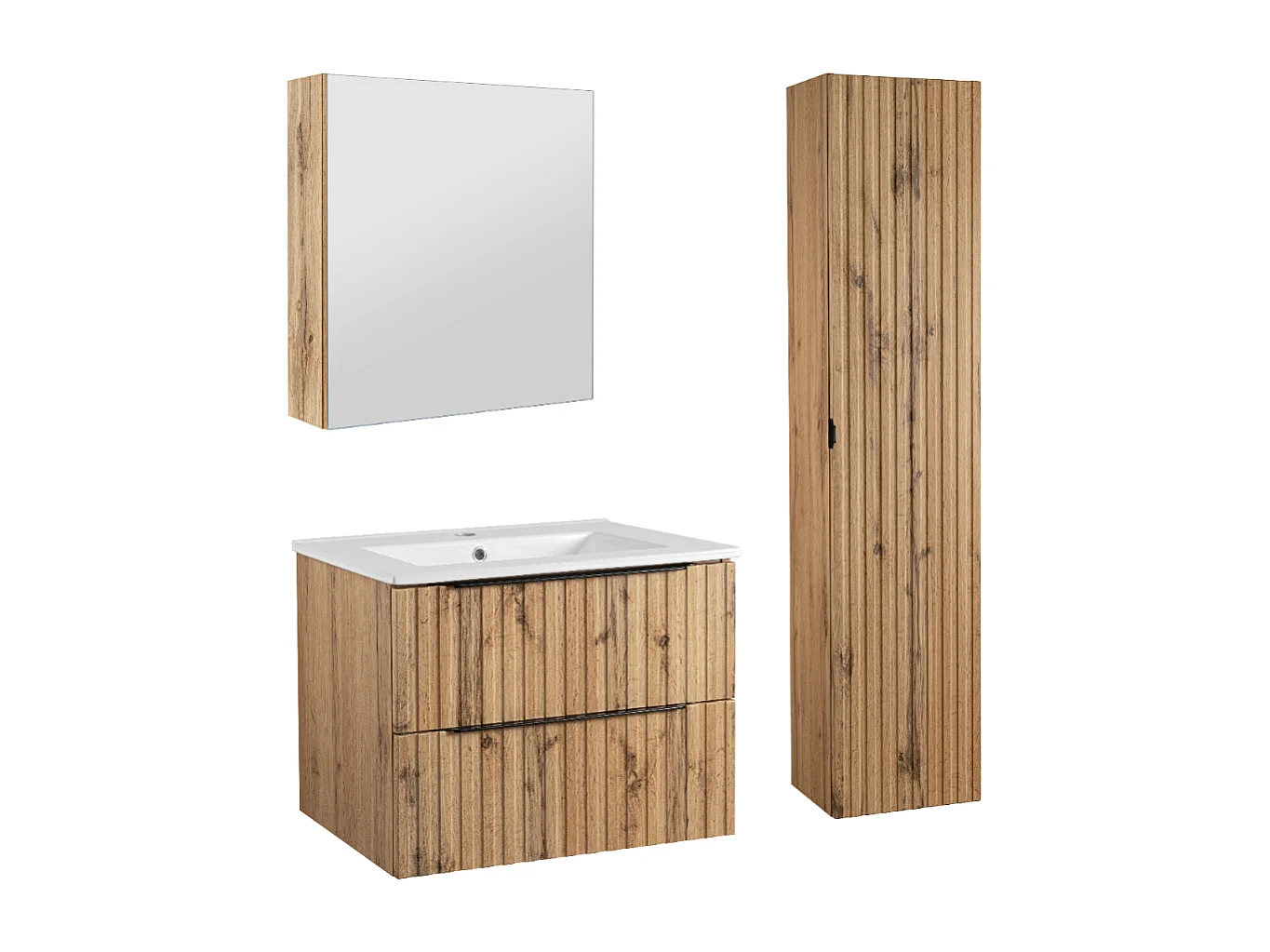 Ensemble de salle de bain 60 cm Façades rainurées Meuble avec lavabo Colonne Meuble avec miroir Chêne Wotan Amy