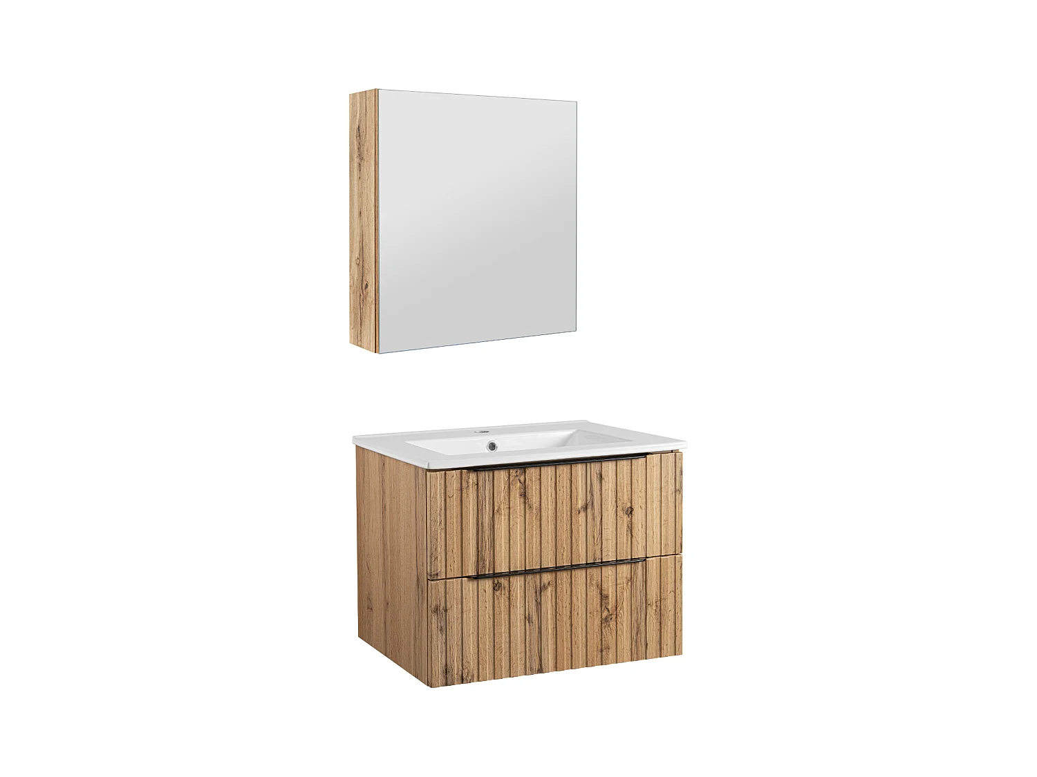 Ensemble de salle de bain 60 cm Façades rainurées Meuble avec lavabo Meuble avec miroir Chêne Wotan Amy
