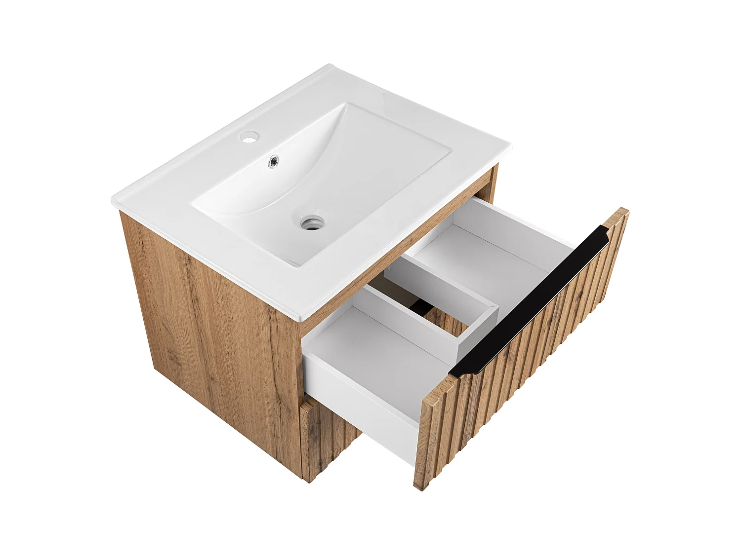 Ensemble de salle de bain 60 cm Façades rainurées Meuble avec lavabo Meuble avec miroir Chêne Wotan Amy