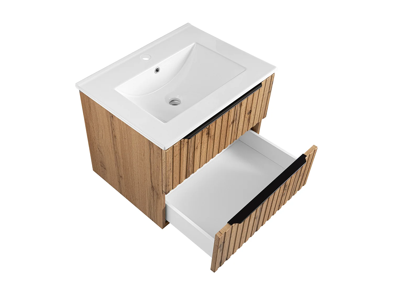 Badezimmer-Set 60cm geriffelte Fronten Schrank mit Waschbecken Schrank mit Spiegel Eiche Wotan Amy