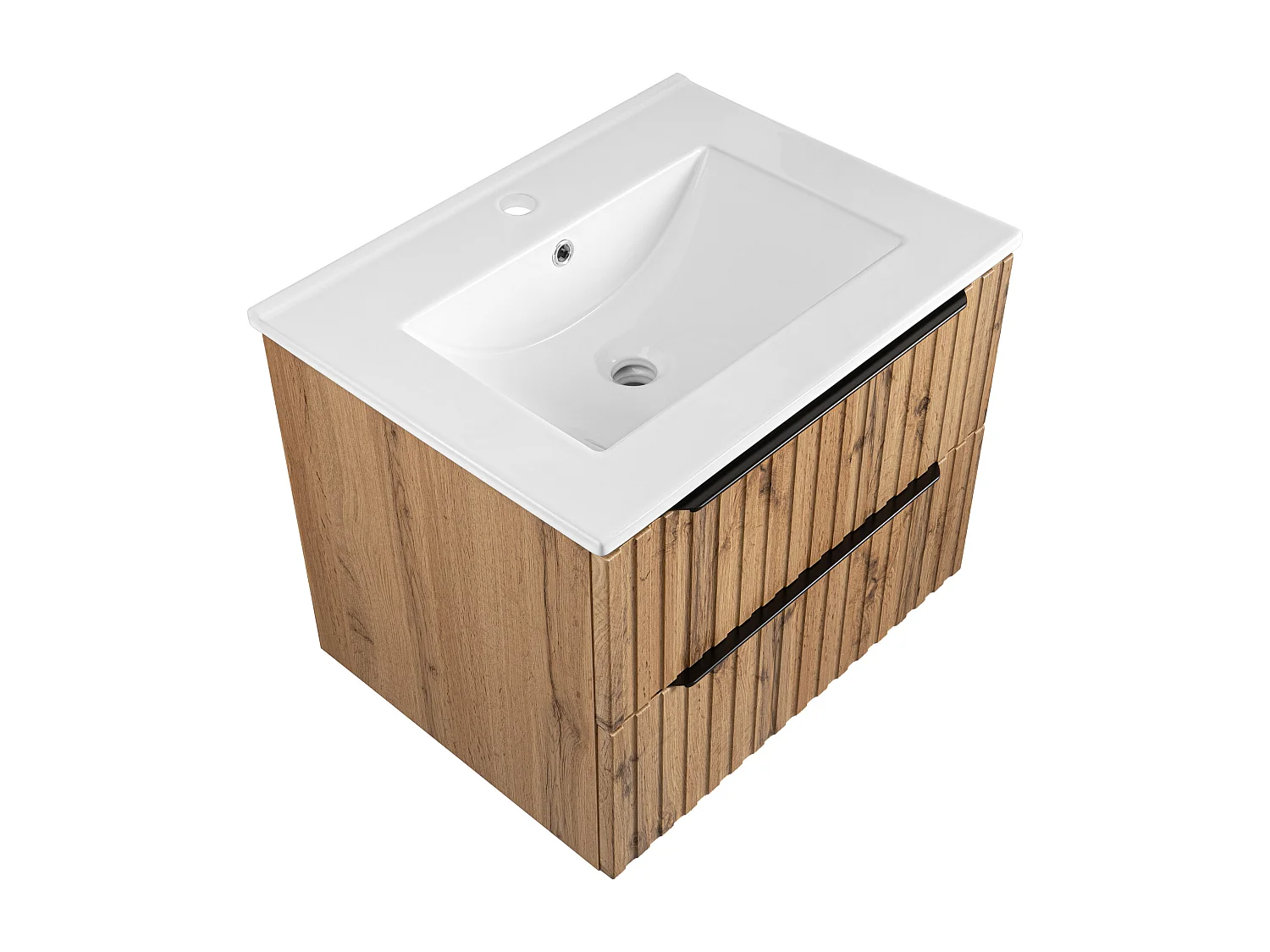 Badezimmer-Set 60cm geriffelte Fronten Schrank mit Waschbecken Schrank mit Spiegel Eiche Wotan Amy