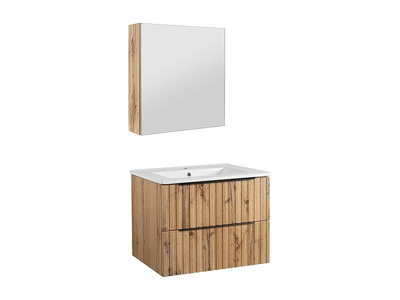 Ensemble de salle de bain 60 cm Façades rainurées Meuble avec lavabo Meuble avec miroir Chêne Wotan Amy