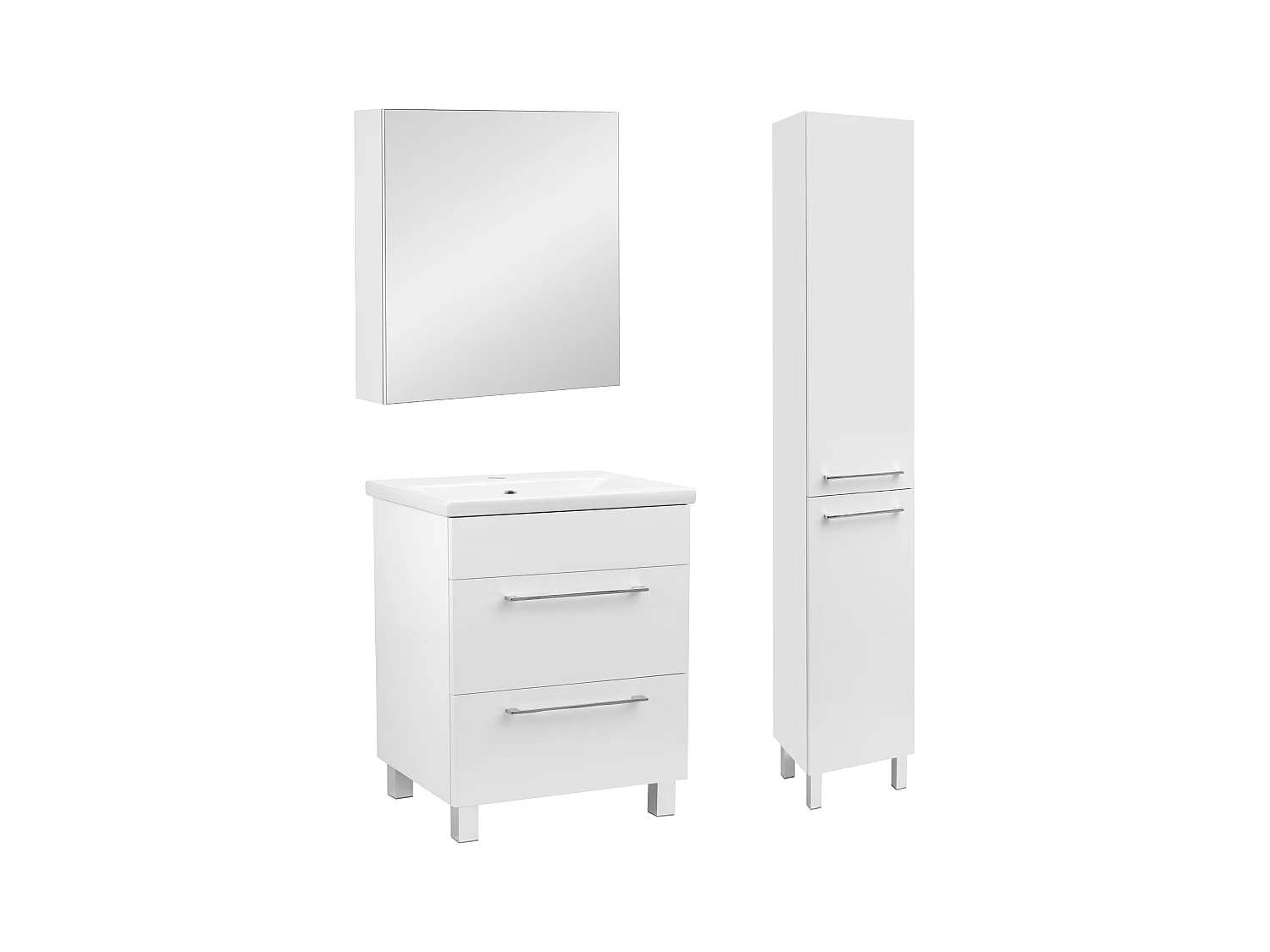Biały Zestaw Łazienkowy 60cm Szafka z Umywalką Słupek Szafka z Lustrem Sol