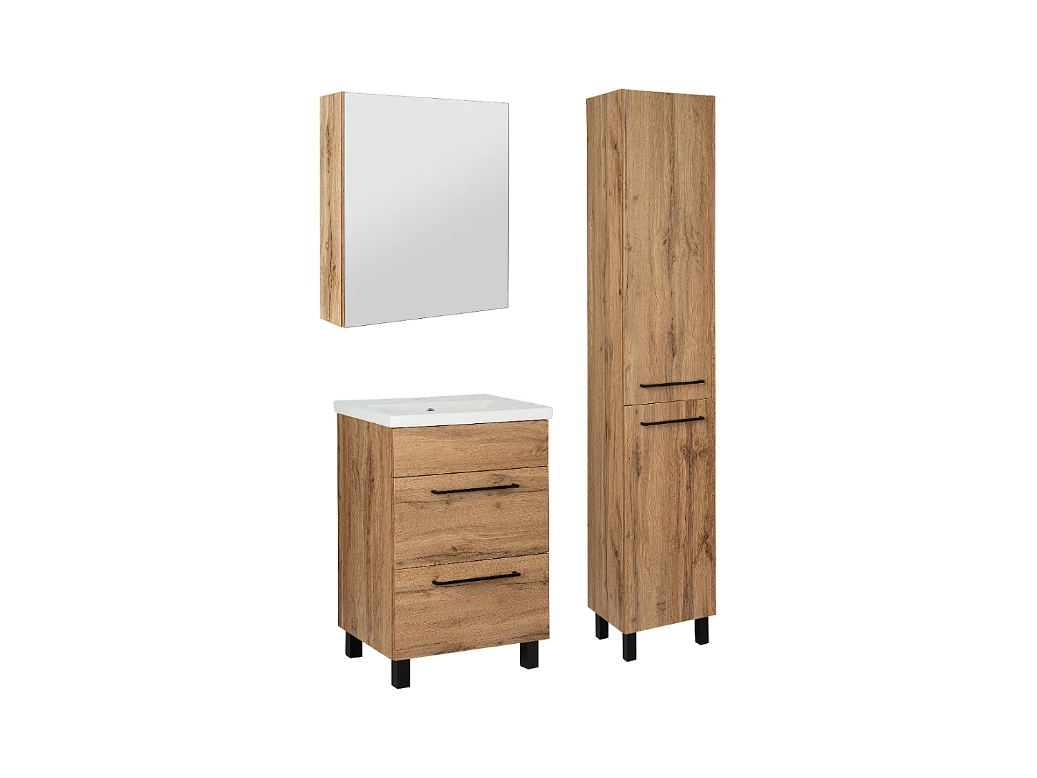 Ensemble de salle de bain 50 cm Chêne Wotan Meuble avec lavabo Colonne haute Meuble avec miroir Sol