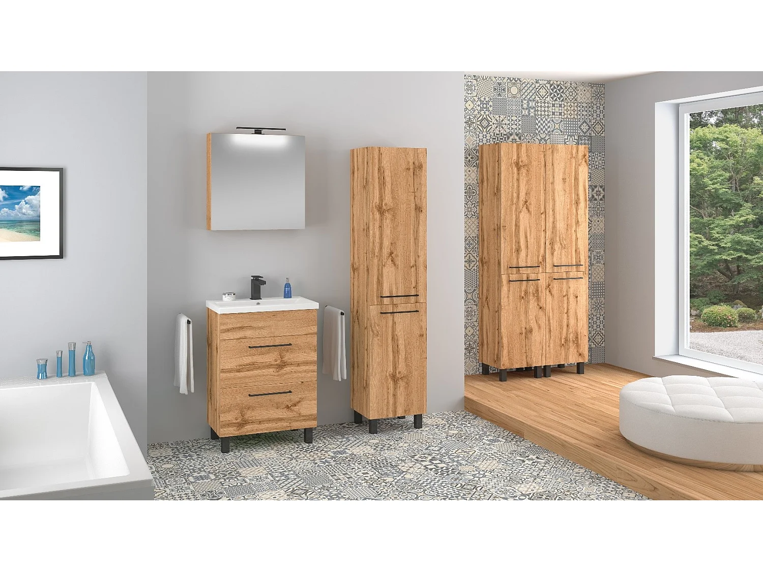 Ensemble de salle de bain 50 cm Chêne Wotan Meuble avec lavabo Colonne haute Meuble avec miroir Sol