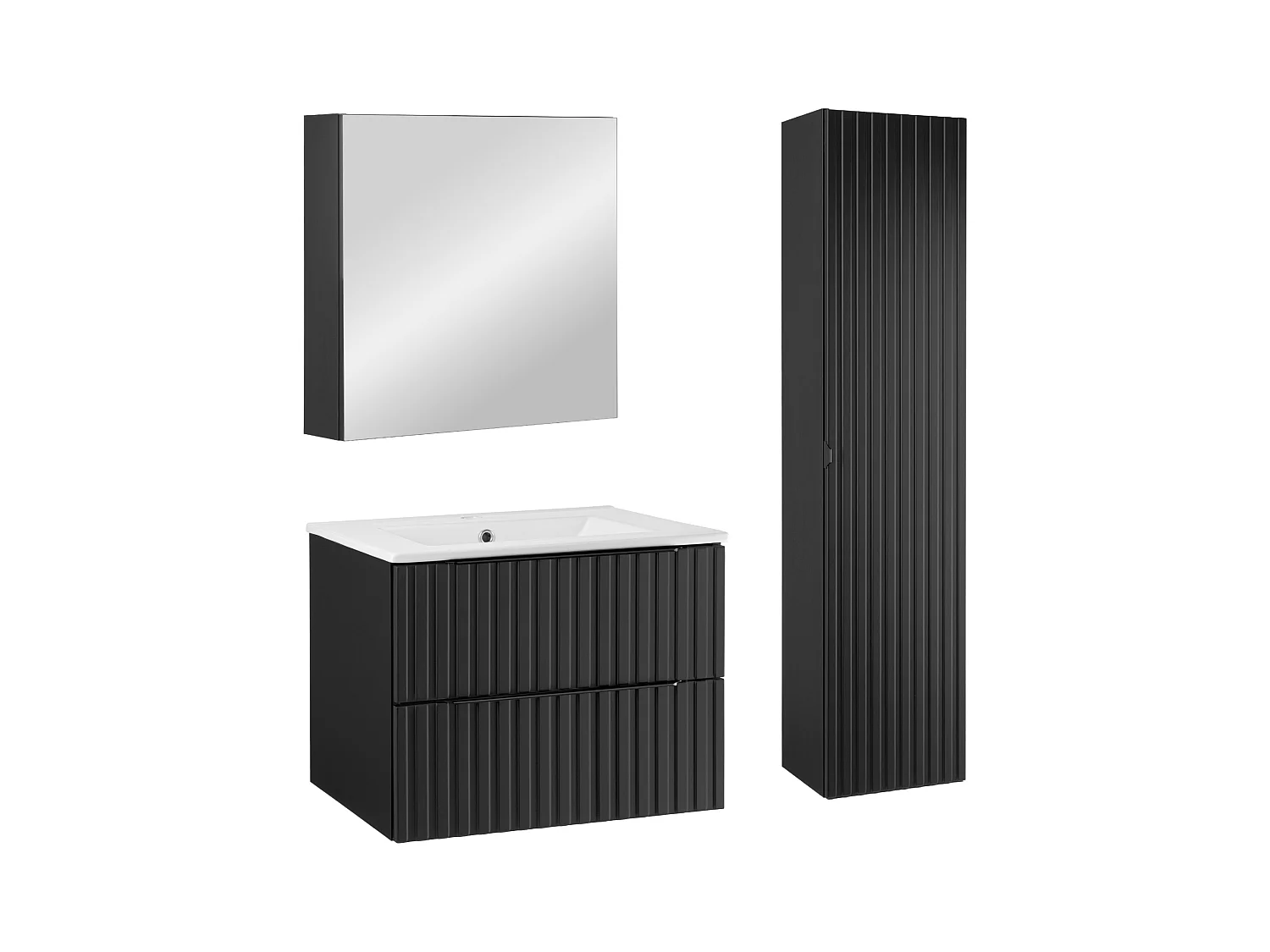 Ensemble de salle de bain 60 cm Façades rainurées Noir Amy Colonne Armoire avec miroir