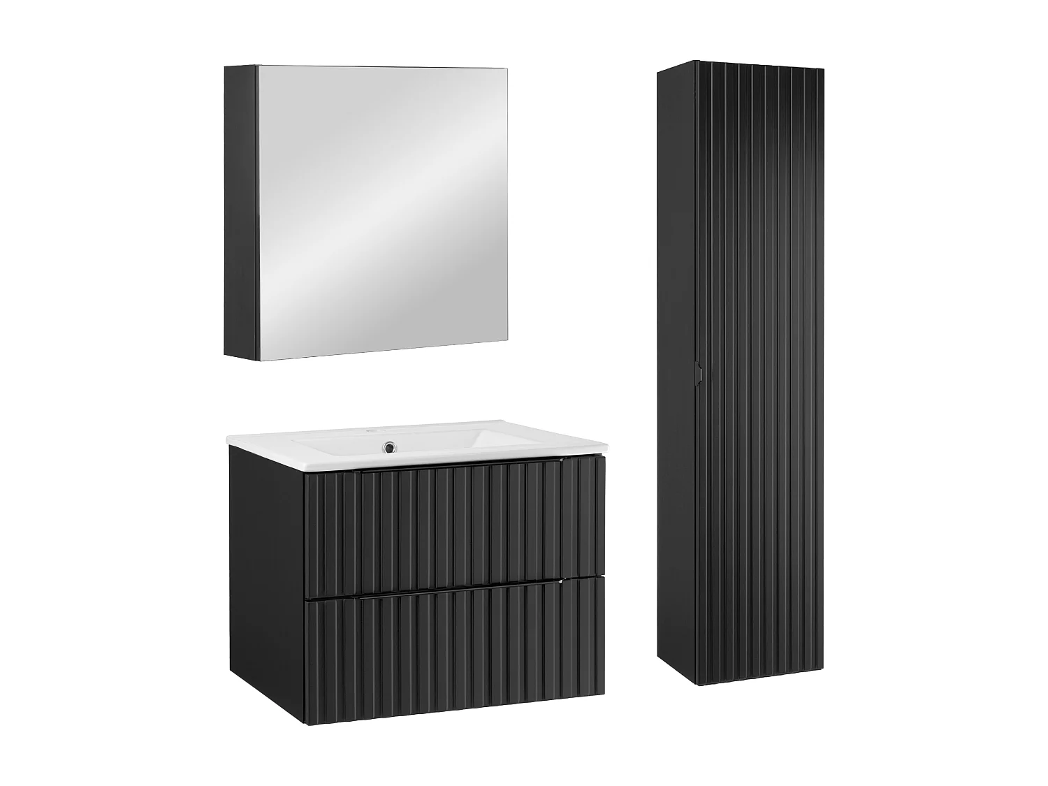 Ensemble de salle de bain 60 cm Façades rainurées Noir Amy Colonne Armoire avec miroir