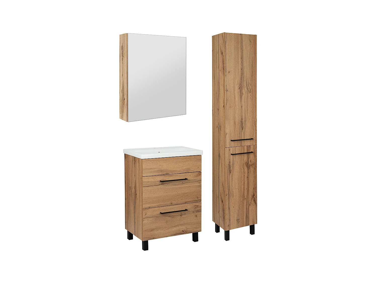 Ensemble de salle de bain 60 cm Chêne Wotan Meuble avec lavabo Colonne haute Meuble avec miroir Sol