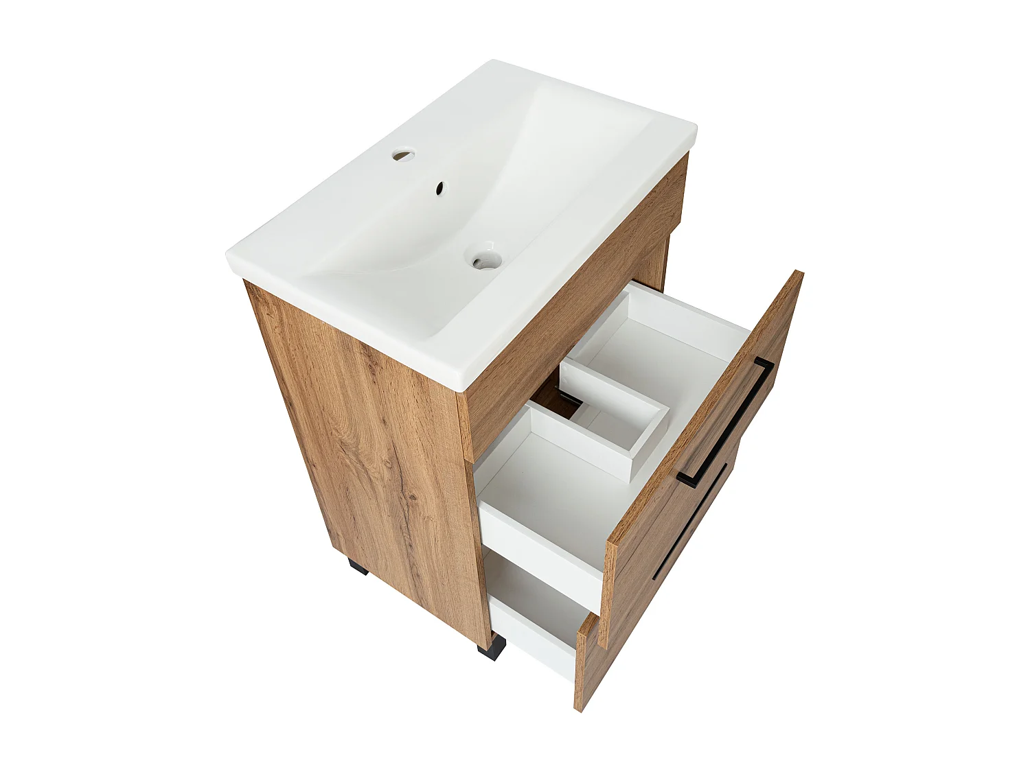 Badezimmerset 60cm Eiche Wotan Schrank mit Waschbecken Hochschrank Shrank mit Spiegel Sol