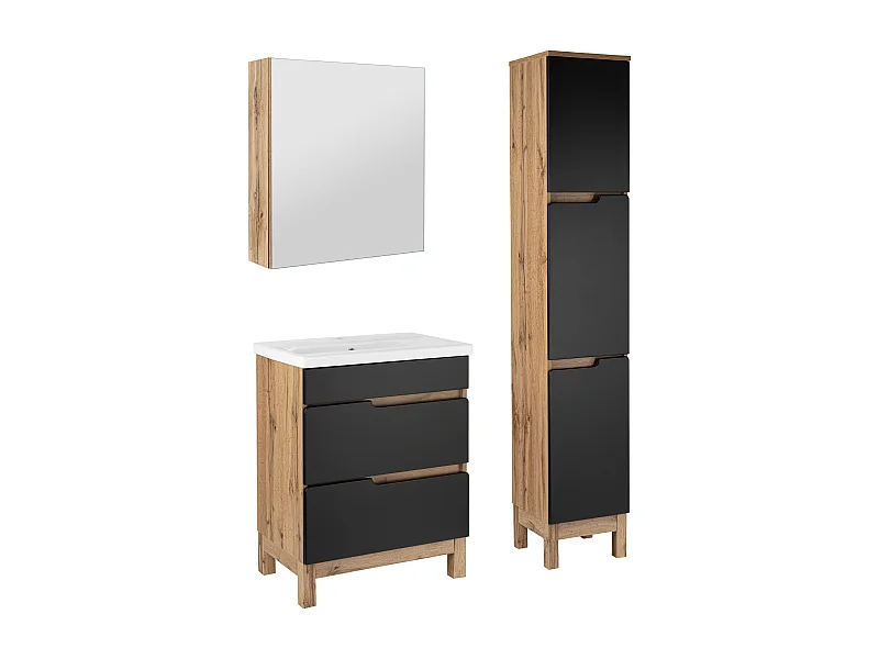 Badezimmer-Set 60 cm 2 Schubladen Alma Hochschrank Spiegelschrank Eiche Wotan / Schwarz Matt