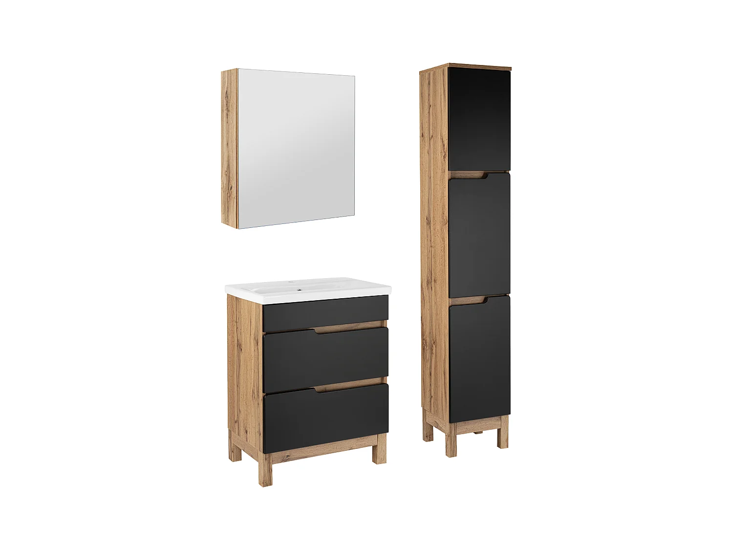 Badkamerset 60 cm Alma Kolom Kast met spiegel Eiken Wotan / Mat zwart