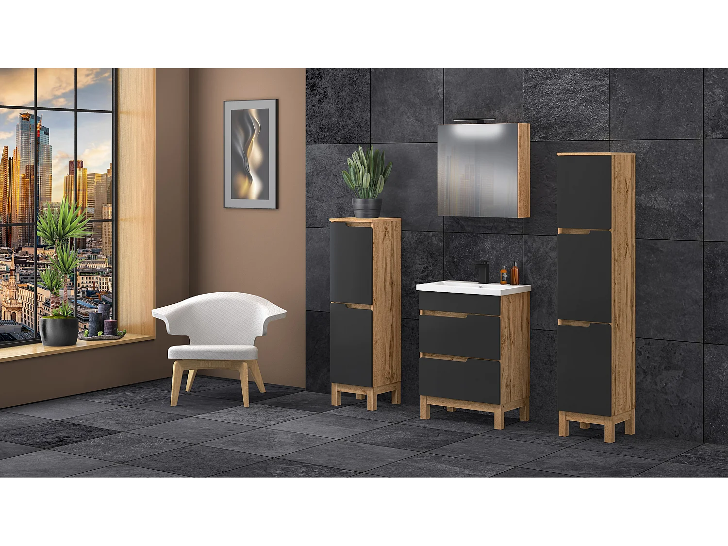 Badezimmer-Set 60 cm 2 Schubladen Alma Hochschrank Spiegelschrank Eiche Wotan / Schwarz Matt