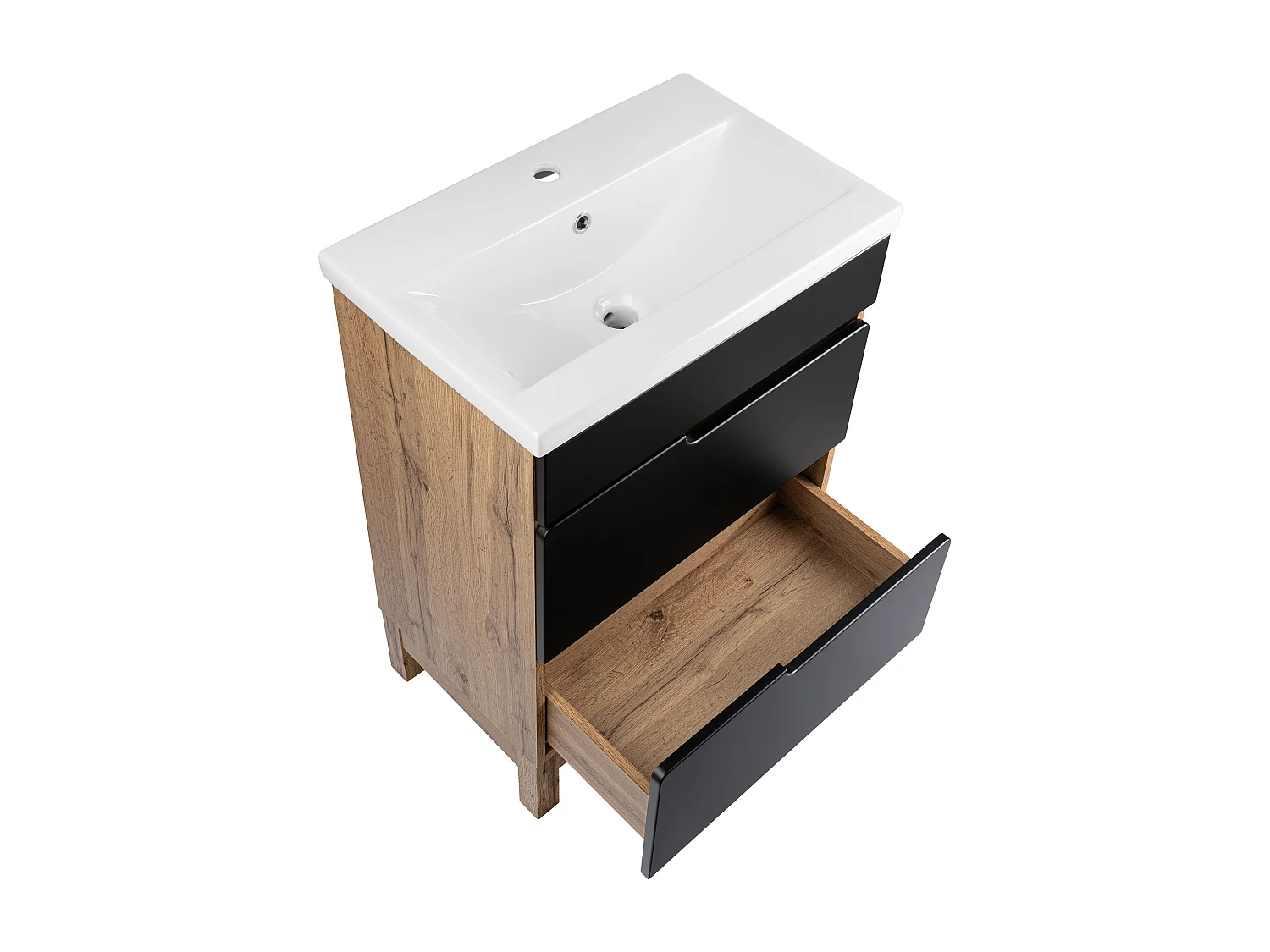 Badezimmer-Set 60 cm 2 Schubladen Alma Hochschrank Spiegelschrank Eiche Wotan / Schwarz Matt