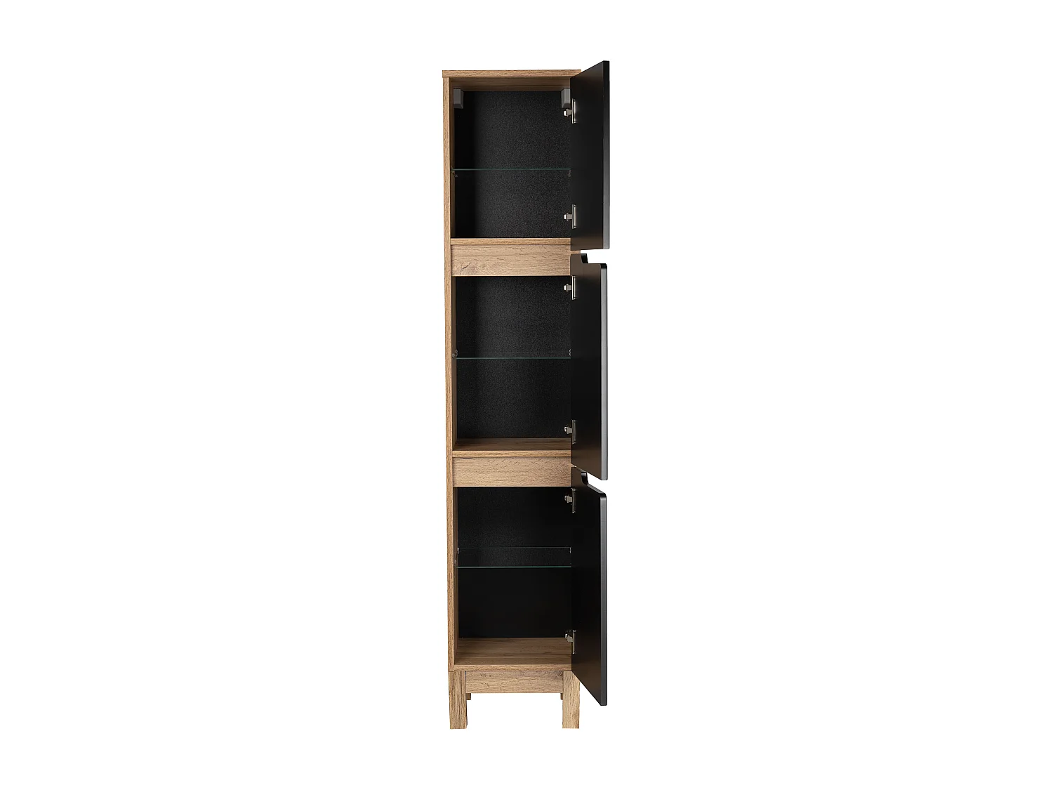 Badezimmer-Set 60 cm 2 Schubladen Alma Hochschrank Spiegelschrank Eiche Wotan / Schwarz Matt