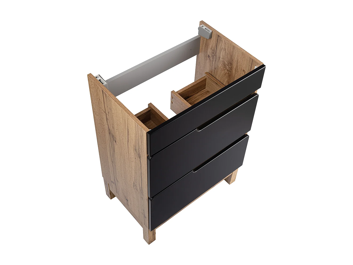 Badezimmer-Set 60 cm 2 Schubladen Alma Hochschrank Spiegelschrank Eiche Wotan / Schwarz Matt