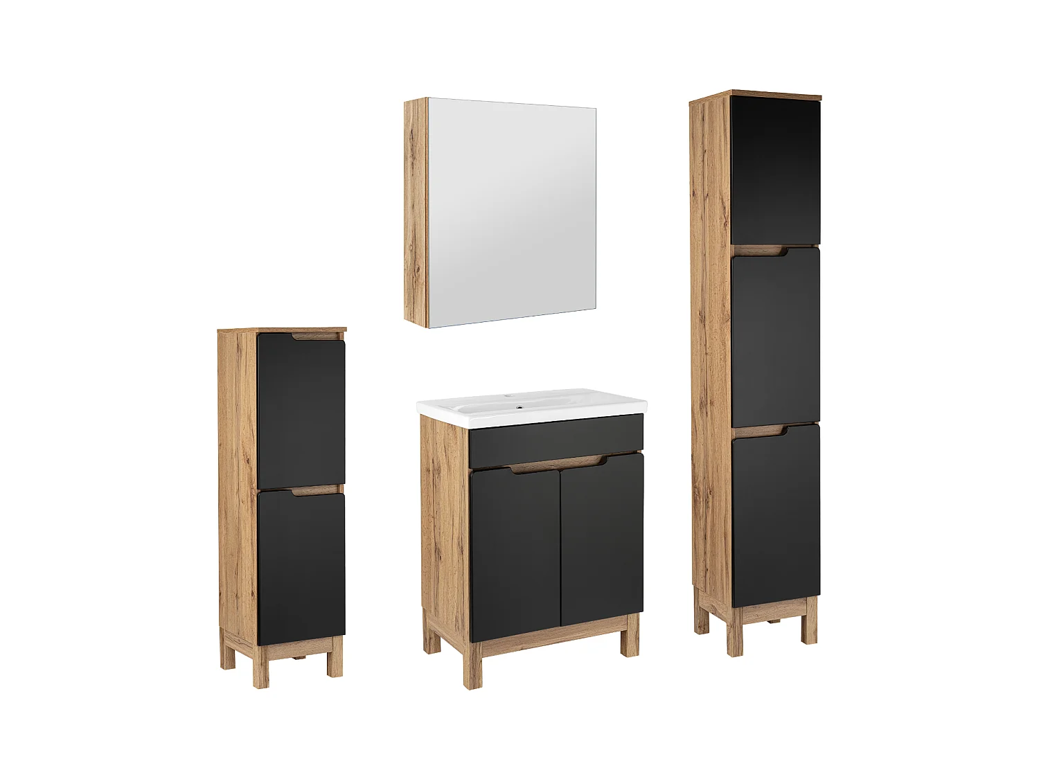 Badkamerset 60 cm Alma Kolommen Kast met spiegel Eiken Wotan / Mat zwart