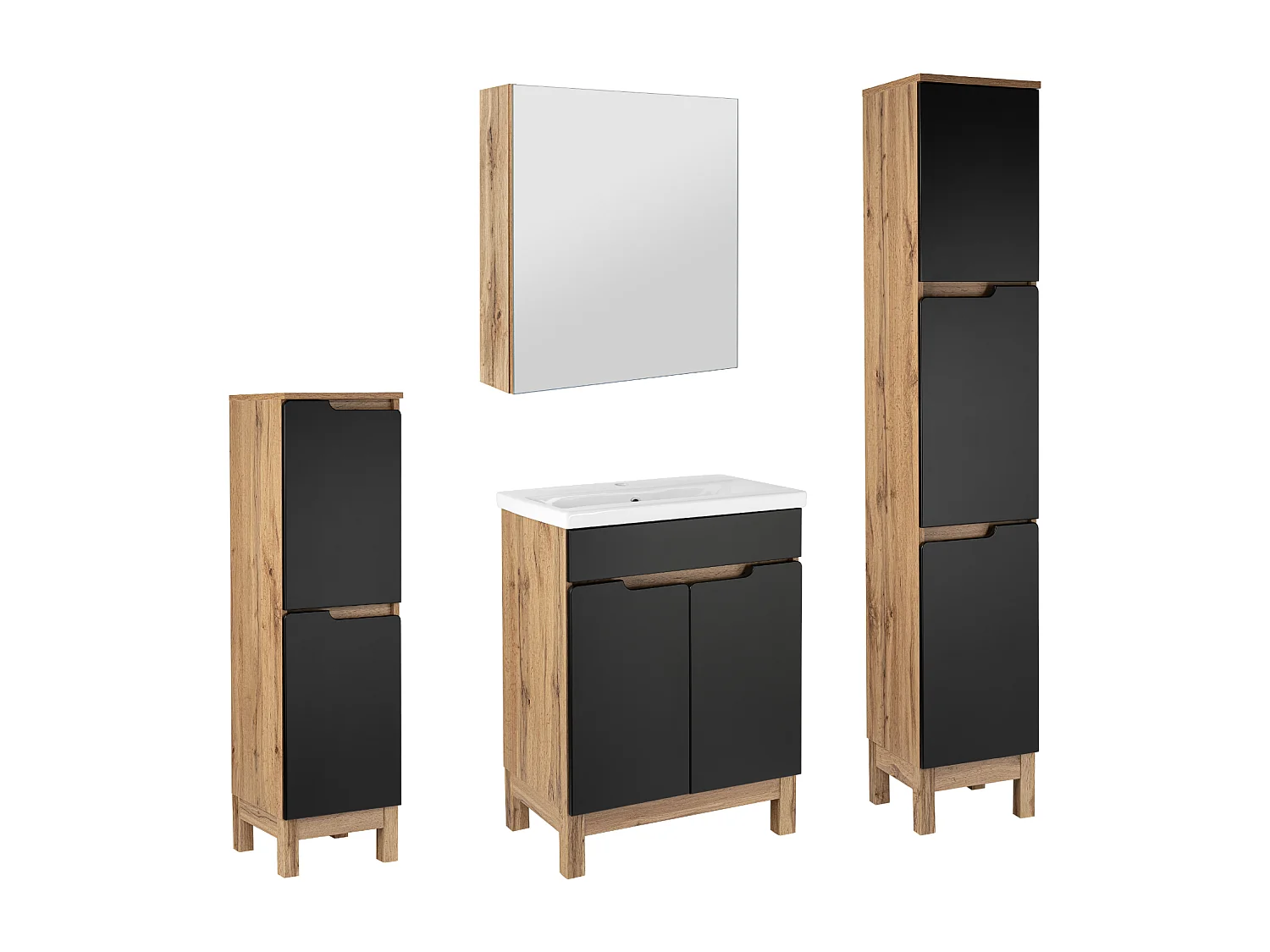 Ensemble de salle de bain 60 cm Alma Montants Armoire avec miroir Chêne Wotan / Noir mat