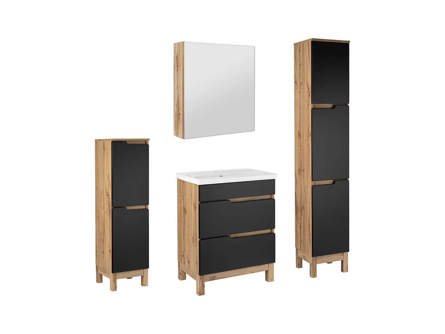 Ensemble de salle de bain 60 cm  Alma Montants Armoire avec miroir Chêne Wotan / Noir mat