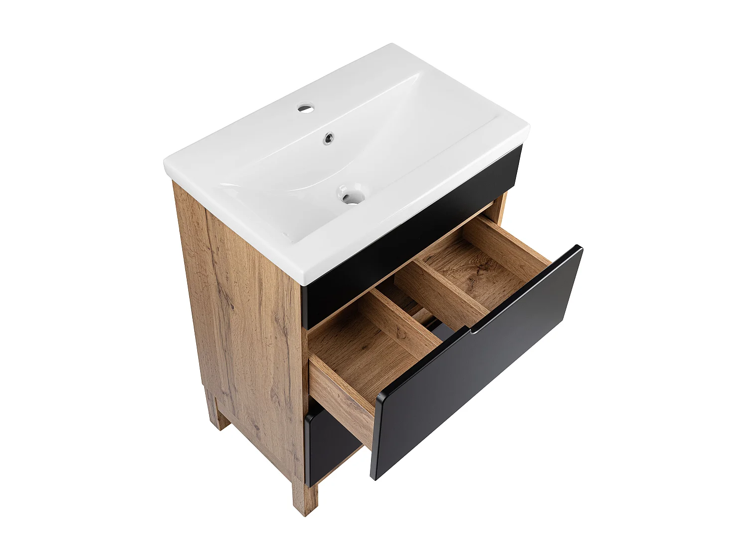 Badezimmer-Set 60 cm 2S Alma Hochschrank Halbschrank Spiegelschrank Eiche Wotan / Schwarz Matt
