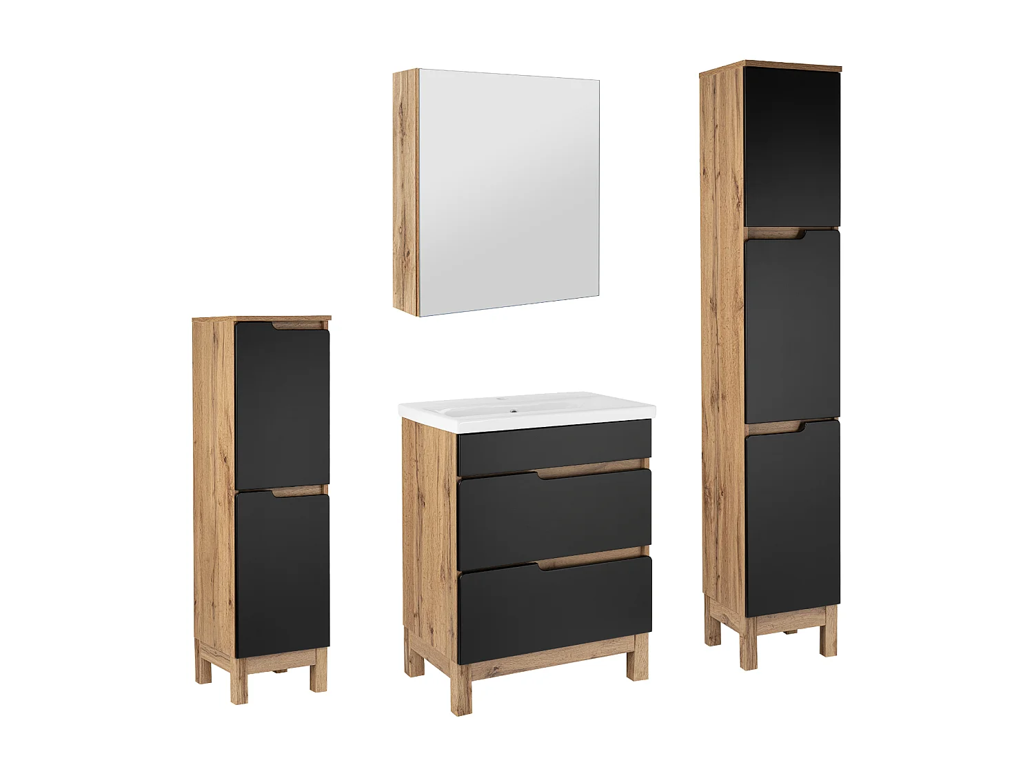 Badezimmer-Set 60 cm 2S Alma Hochschrank Halbschrank Spiegelschrank Eiche Wotan / Schwarz Matt