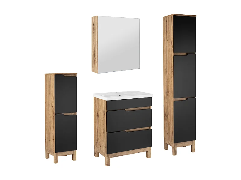 Ensemble de salle de bain 60 cm  Alma Montants Armoire avec miroir Chêne Wotan / Noir mat