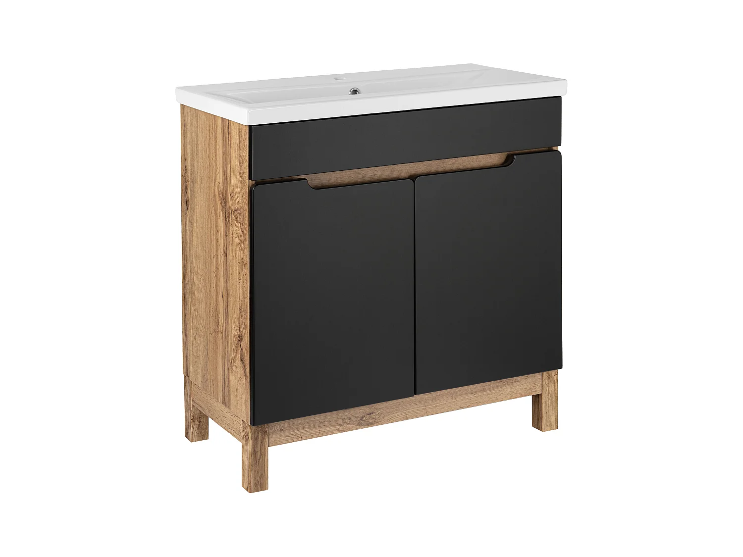 Zestaw Łazienkowy Stojący Szafka z Umywalką 80cm Dąb Wotan / Czarny Alma 2D