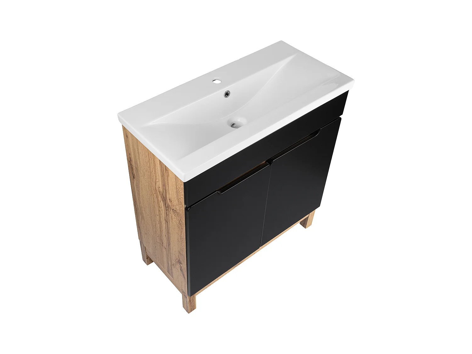 Zestaw Łazienkowy Stojący Szafka z Umywalką 80cm Dąb Wotan / Czarny Alma 2D