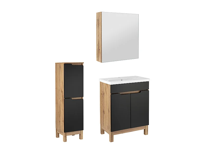 Badkamerset 60 cm Alma Halve kolom Kast met spiegel Eiken Wotan / Mat zwart