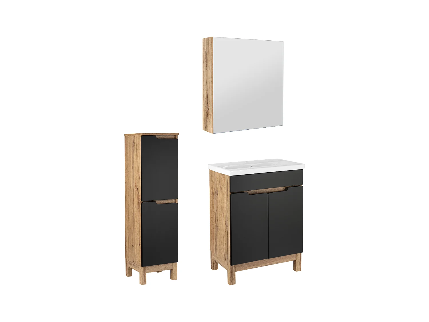 Badkamerset 60 cm Alma Halve kolom Kast met spiegel Eiken Wotan / Mat zwart