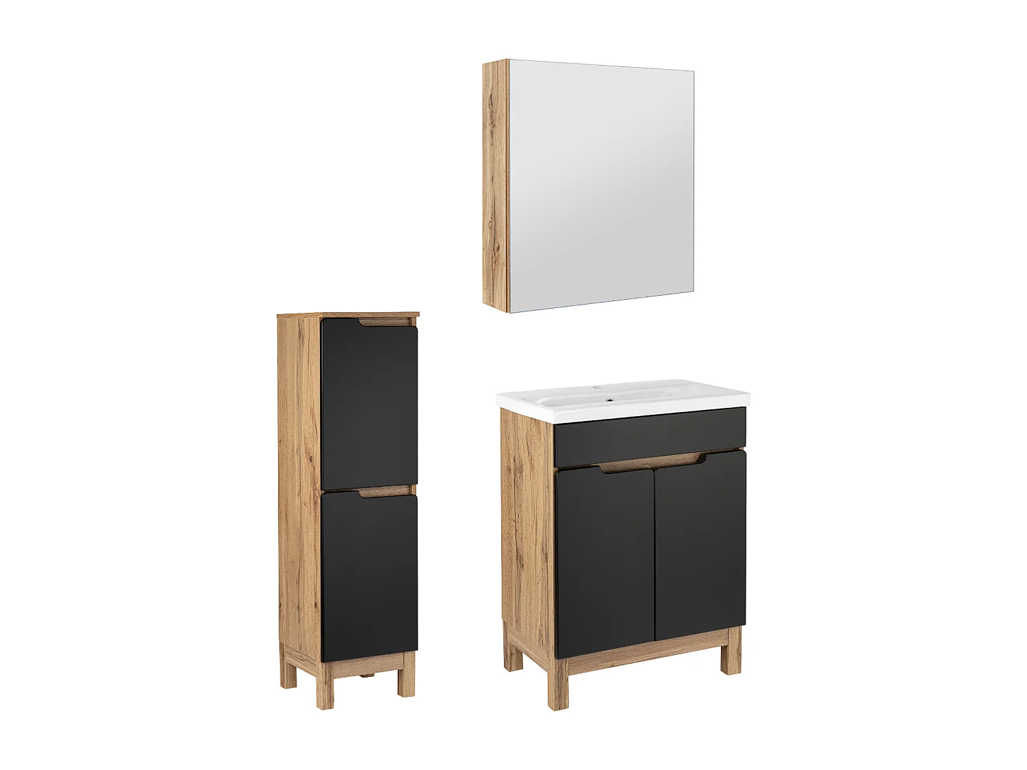 Zestaw Łazienkowy 60cm 2D Alma Półsłupek Szafka z Lustrem Dąb Wotan / Czarny Mat