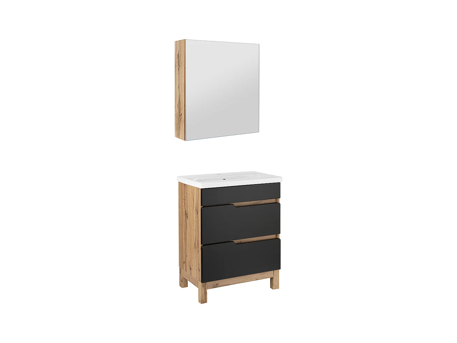 Badkamerset 60 cm Alma Kast met spiegel Eiken Wotan / Mat zwart